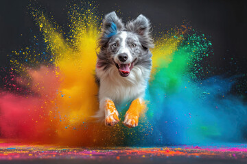 jumping an aussie dog in colourful splash 