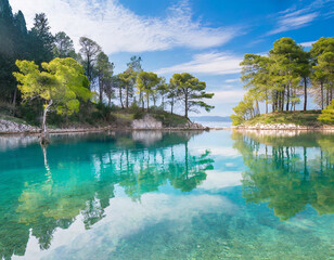 Fototapeta na wymiar nature scenery; calm view; crystal clear water; reflection of trees