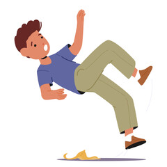 Clumsy Kid Character, Unaware, Skids On A Banana Peel With Arms Windmilling. A Classic Moment Of Youthful Misfortune
