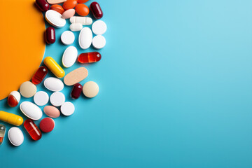different  pills on a blue background , medicine banner 