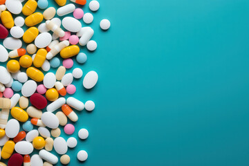 different  pills on a blue background , medicine banner 