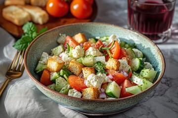 Close-up of a bowl of tomato, cucumber, cauliflower and feta salad with croutons and a glass of cherry juice