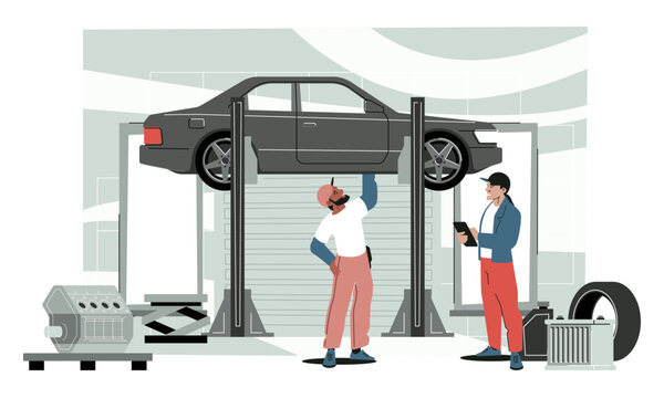 Car repair service. Repairman working on car engine, mechanic with tools in garage. Car maintenance vector concept of car repair service mechanic illustration