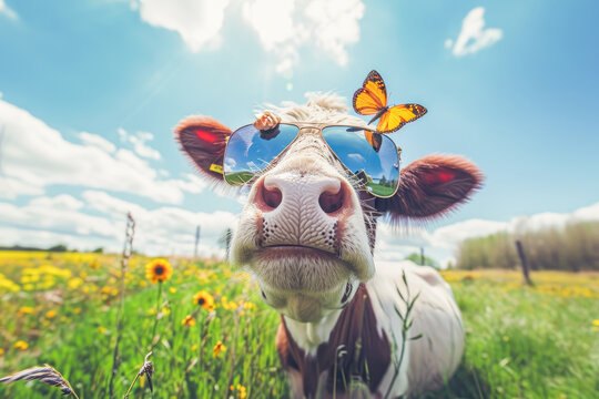 Cow (Bos taurus) with sunglasses, Love Your Pet Day celebration, February, animals concept, generative ai