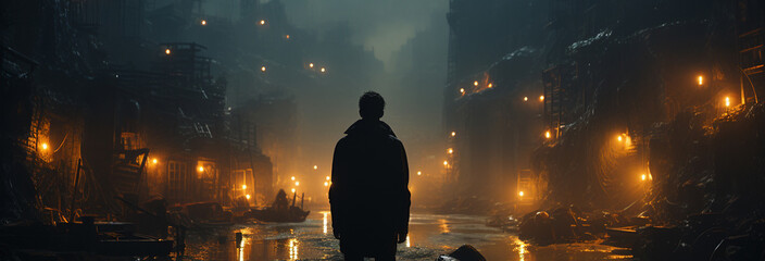 a man walks through a dark city lit by candles - obrazy, fototapety, plakaty