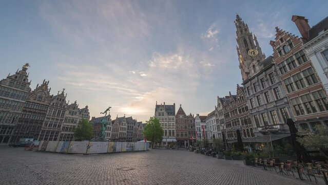 Antwerp Belgium time lapse 4K, city skyline sunrise timelapse at Grote Markt (Large Market) Square