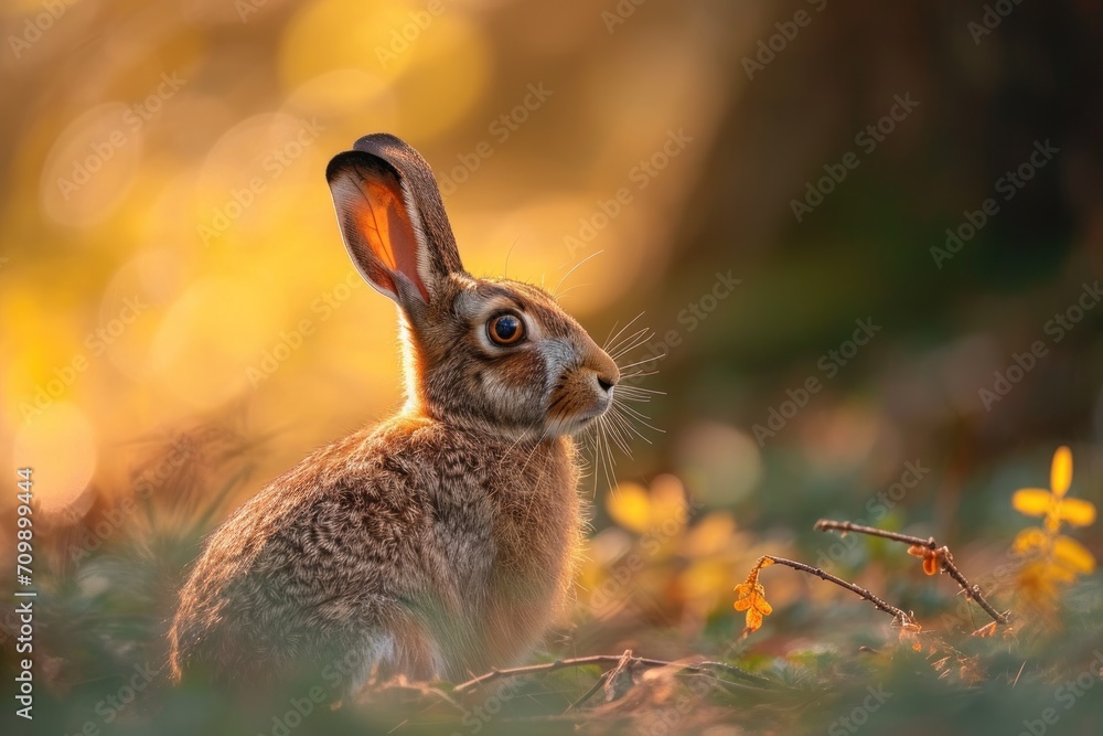 Poster A vigilant brown hare with piercing eyes is captured in a serene forest setting bathed in the soft glow of natural light filtering through the trees - Posters