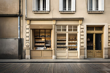 old french village facade , charming beige boutique storefront  - obrazy, fototapety, plakaty