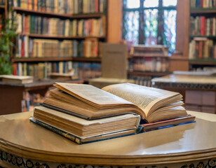 Old books on the table in the antiquarian bookshop - opened books, book pages, blurred bookshelf in the background