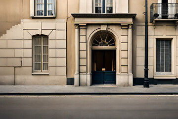 old french village facade , charming beige boutique storefront 