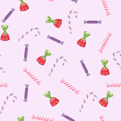Strawberry candy seamless pattern, strawberries on purple colored background, top view, flat lay, summer pattern with pink candy. Seamless fruit background. illustration for packing and decoration.