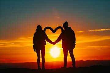 Romantic couple silhouetted against a vibrant sunset holding hands and forming a heart shape symbolizing the love and connection shared on Valentine's Day