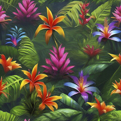 Tropical rainforests with colorful flowers in the morning. In impressionist style. 