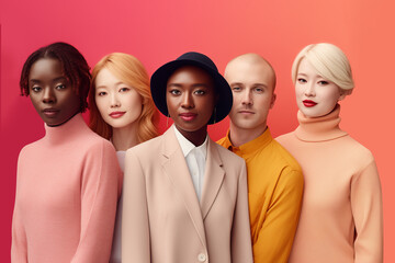Stylish modern Caucasian and African young people standing together wearing fashionable outfits isolated in copy space background, equality advertisement concept, youngsters with different skin colors