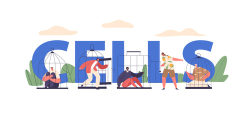 People Confined Within Bird Cages, Their Expressions A Mix Of Resignation And Longing, Symbolizing Societal Constraints