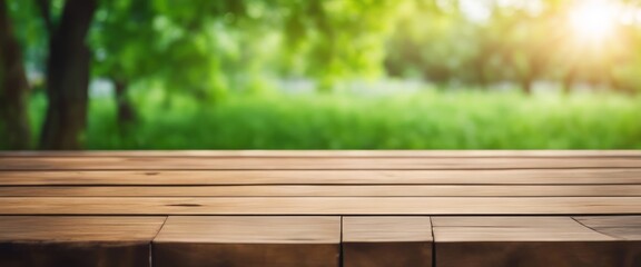 Wooden table and blurred green nature garden background