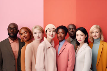 Stylish modern Caucasian and African young people standing together wearing fashionable outfits isolated in copy space background, equality advertisement concept, youngsters with different skin colors