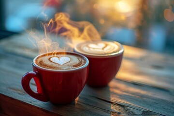 Two mugs of steaming coffee with heart-shaped latte art capturing the simple and delightful moments...