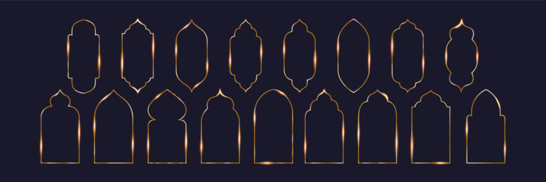 A collection of golden arches, frames, windows, domes of the mosque of Ramadan Kareem and Eid Mubarak. In Islamic, Arabic, Oriental style. Vector illustration