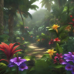 Obraz na płótnie Canvas Tropical rainforests with colorful flowers in the morning. In impressionist style. 