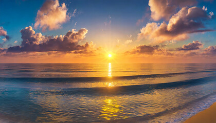 Naklejka na ściany i meble Panorama of a sunset over the ocean, with sun on horizon, seascape