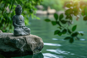 buddha statue in the garden with a lake