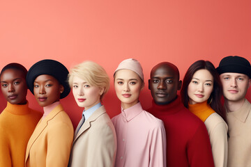 Stylish modern Caucasian and African young people standing together wearing fashionable outfits isolated in copy space background, equality advertisement concept, youngsters with different skin colors