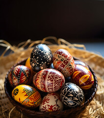 Colorful easter eggs are placed among the straw, in the style of mosaic-like patterns, dark yellow and red, dark yellow and light orange, light yellow and dark orange