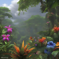 Fototapeta na wymiar Tropical rainforests with colorful flowers in the morning. In impressionist style. 