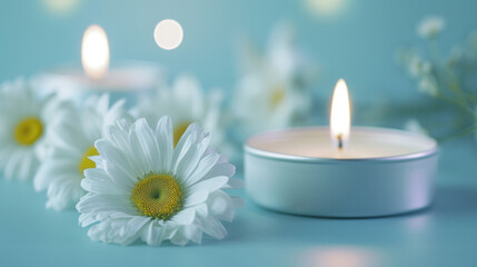 Daisies scented white aroma candles on a pastel mint background 