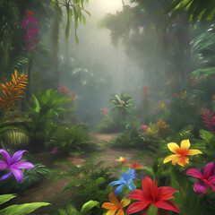 Fototapeta na wymiar Tropical rainforests with colorful flowers in the morning. In impressionist style. 