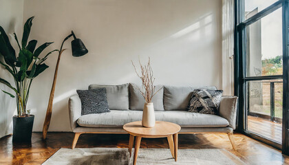 This Scandinavian-inspired interior features a chic sofa and trendy vase, capturing the essence of minimalism for an inviting and successful home staging experience.