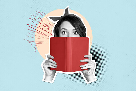 Collage creative poster image monochrome effect shocked surprised young woman read book hold literature doodle exclusive sketch