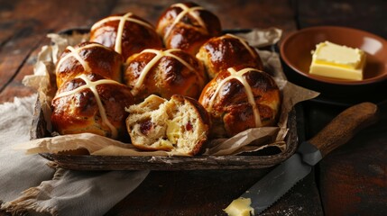 Tray of Hot Cross Buns with Butter.
A wooden tray filled with glazed hot cross buns beside a bowl of butter. - obrazy, fototapety, plakaty