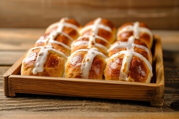 Hot Cross Buns with Icing on Wooden Tray.
Delicious hot cross buns with white icing crosses on a wooden tray, symbolising Easter.