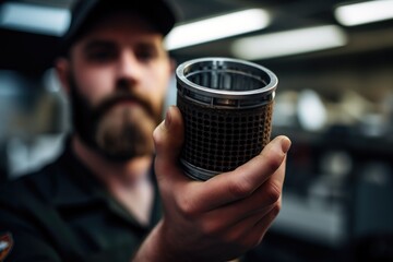 shot of a mechanic holding up an oil filter at a service station - obrazy, fototapety, plakaty