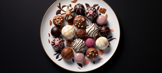 Chocolate spheres on a plate, top view, generative AI