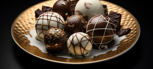 Chocolate spheres on a plate with a gold border, on a black background, generative AI
