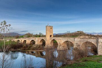 Fototapeta na wymiar Medieval Bridge of Frías over the Ebro River, Burgos, Castilla y León, Spain.