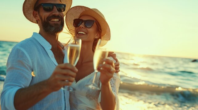 A couple in love drinks champagne by the sea. Honeymoon trip. Lovers on the beach. Wedding travel. Couple on vacation.