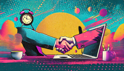 Trendy Halftone Business Collage. Get good deal and partnership concept. Computer laptop with handshakes and alarm clock. Time to startup. Career training