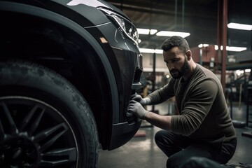shot of a mechanic working on a car in an auto repair shop - obrazy, fototapety, plakaty