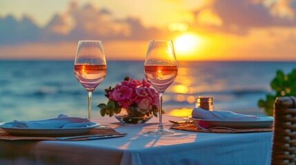 Summer love. Romantic sunset dinner on the beach. Table honeymoon set for two with luxurious food, glasses of rose wine drinks in a restaurant with sea view. Happy valentines day. - obrazy, fototapety, plakaty
