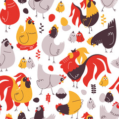 Cartoon hens pattern. Seamless print of Easter decorative farm animal characters for greeting cards, holiday decor and party decoration. Vector texture chicken background, easter egg illustration