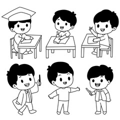vector cartoon line art of students studying, back to school