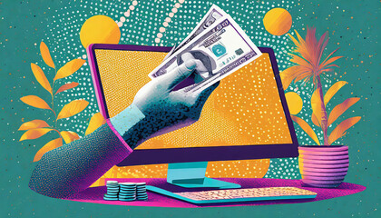 Trendy Halftone Online Payments Collage. Hand from computer monitor holds money. Metaphor composition. Financial transactions and investments. Currency exchange