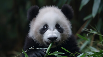 Cute panda eating bamboo, Giant Panda bear  (Ailuropoda melanoleuca), Panda eating shoots of bamboo. Rare and endangered black and white bear.