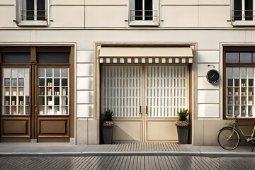 cute vintage european  village storefront facade , tiny beige boutique vitrine