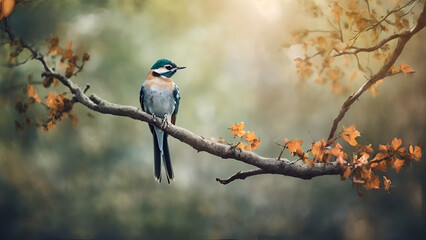  A  bird sits on a branch with a blurred background