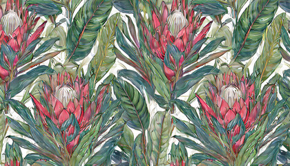 Fototapeta premium Tropical exotic seamless pattern with protea flowers in tropical leaves. Hand-drawn vintage illustration. Good for design wallpapers, fabric printing
